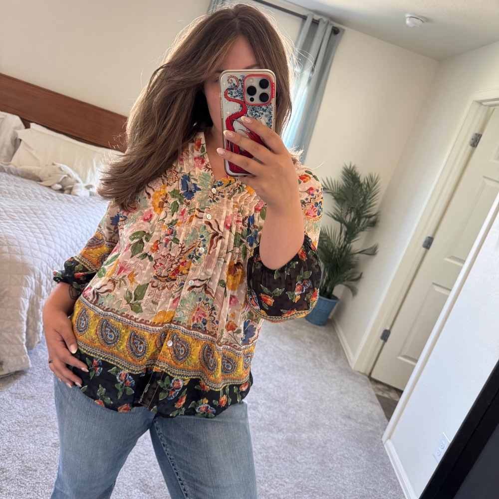 Boho Floral Paisley Pintuck Fig and Flower Blouse Large Multicolor